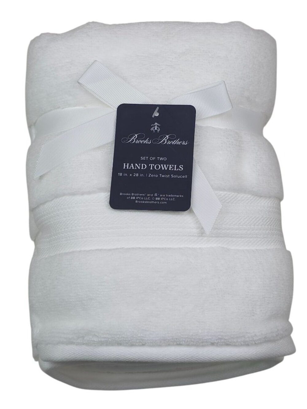 Brooks Brothers 2 Pack White Hand Towels 18"x28" Zero Twist Solucell 100% Cotton